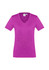 A purple women's short sleeve tee with a V-neck design and a logo on the label.