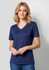 A navy women's short sleeve tee with a V-neck design, featuring a logo on the front.