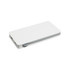 A white power bank with a sleek design and a grey slider, featuring multiple ports and a logo.
