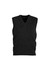 A dark grey woolmix knit vest with a V-neck and sleeveless design. Features a fitted waistband and has a logo.