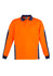 A long-sleeve polo in high visibility orange and navy, featuring a collar and a front pocket. It has a logo.