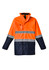A waterproof jacket in orange and navy with reflective stripes and a front pocket. Branding is present.
