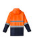 A waterproof jacket featuring a bright orange upper with navy blue lower sections and reflective stripes. It has a hood and a logo.