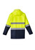 A waterproof jacket in hi-vis yellow and navy blue, featuring reflective stripes and a hood. It has a branding logo.