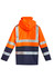 A waterproof jacket in orange with reflective stripes and a hood, designed for workwear purposes. It features a logo.