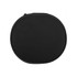 A round, black case designed for storing headphones, featuring a zip closure and a smooth exterior.