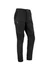 A pair of black stretch work pants featuring textured detailing and a logo.
