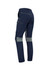 A pair of men's stretch work pants in navy blue with grey accents, featuring a zippered side pocket and a logo.