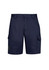 Navy cargo shorts featuring side pockets and a decorative logo. Ideal for casual summer wear.