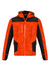 A reinforced knit hoodie in orange and black, featuring a zippered front and several pockets, with a logo.