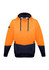 A unisex hi-vis textured jacquard hoodie in bright orange and navy, featuring a front pouch and a logo on the sleeve.