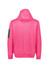 A bright pink unisex water-resistant hoodie with a hood and a patch on the sleeve.