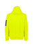 A bright yellow unisex water-resistant hoodie featuring a hood and a black logo on the sleeve.