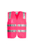 A unisex hi-vis zip vest in bright pink with reflective strips and a clear pocket on the front.