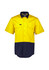 A men's short sleeve work shirt in bright yellow and navy blue, featuring two chest pockets and a logo.