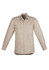 A long sleeve shirt in light beige, featuring two front pockets and a collar, with a logo on the label.
