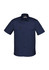 A navy blue short sleeve shirt with a collar, featuring two chest pockets and a logo on the sleeve.