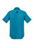 A short-sleeve button-up shirt in teal, featuring a collar and a logo on the back.