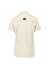 A short sleeve women's outdoor shirt in beige with a logo on the back.