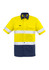 A short sleeve shirt in high visibility yellow and navy, featuring reflective taping and a logo.