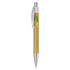 A bamboo pen with a silver clip and tip, featuring a logo on the barrel.