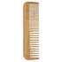 A bamboo comb with fine and wide teeth, featuring a natural light brown colour and a smooth finish.