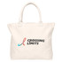 A cream tote bag with handles and a logo featuring "CROSSING LIMITS" in black and coloured accents.