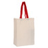 A natural-coloured tote bag with red handles, featuring a logo on one side.