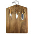 A wooden cheeseboard in a house shape with three metal cheese knives and a hanging string.