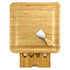 A bamboo cheeseboard with a wooden handled knife and a holder for additional utensils. It has a natural finish.