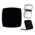 A compact mirror in a sleek black design, featuring a dual-sided reflective surface and a branded logo.