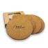 A set of four round cork coasters in a natural colour, packaged with a box featuring a logo.
