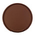 A brown leather coaster with decorative stitching, part of a set of six. It features a circular design and includes branding.