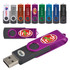 A collection of colorful swivel USB flash drives in various designs, featuring a logo on a purple drive.