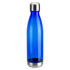 A drink bottle with a sleek blue plastic body and a stainless steel lid. It features a logo.
