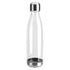 A drink bottle made of clear plastic with a stainless steel bottom and top. It has a sleek, modern design.