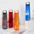 A drink bottle collection featuring blue, orange, red, grey, and clear designs, each with a handle and branding.