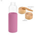A drink bottle featuring a pink silicone sleeve, a clear glass body, and two bamboo lid options with a rope handle.