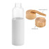 A drink bottle with a clear glass body and a white sleeve, featuring two lid options: a bamboo lid with a rope handle and a standard bamboo lid.
