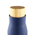 A drink bottle in navy blue with a natural bamboo lid. It features a sleek design and includes a logo.
