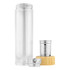 A drink bottle made of clear glass with a silver lid and a bamboo base, featuring a removable metal infuser.