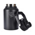 A drink bottle in matte black with a silver lid and a handle, featuring a logo on the side.
