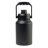 A drink bottle in matte black with a handle and a secure lid. The design features a simple, rounded shape.