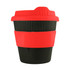 A drink bottle featuring a black body with a red silicone sleeve and lid, designed for reusable coffee.