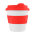 A drink bottle with a white body and red silicone lid and sleeve, featuring a logo.