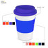 A drink bottle featuring a white plastic cup with a blue silicone band and a purple plastic lid. It has a logo.