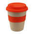 A reusable coffee cup in natural and bright orange, featuring a silicone lid and band, with a branding logo.