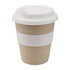 A reusable coffee cup in beige with a white lid and sleeve. It features a simple design with a logo.