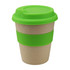 A reusable coffee cup made from bamboo, featuring a natural body and bright green silicone lid and band.