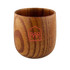 A small wooden coffee cup with a natural wood finish and rounded shape, featuring a logo.
